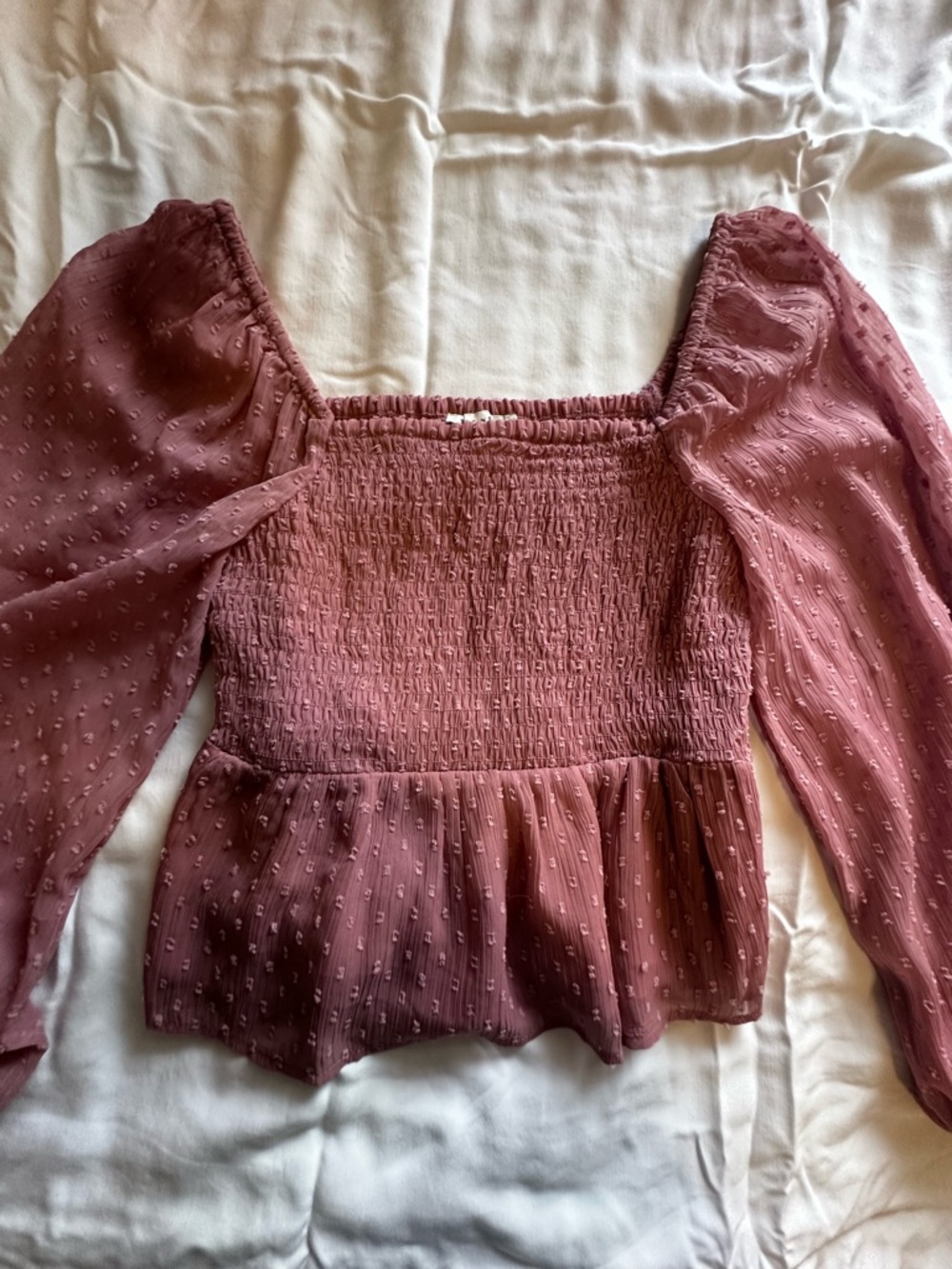 American Eagle Outfitters Mauve Smocked Peplum Long-Sleeve Blouse